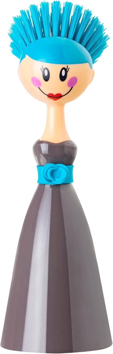 Vigar Dolls Dish Brush with Ergonomic Handle and Dres-shaped Storage Holder - Scrub Brush for Pans, Pots, Kitchen Sink Cleaning, Blue/Pink
