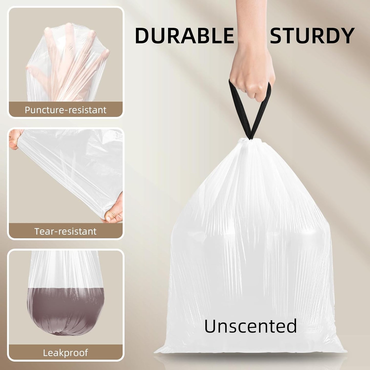120 Counts 1.6 Gallon Mini Drawstring Trash Bags, Small Garbage Bags by KSSKSS, Code a fit 4.5-8 Liter, 1.2-2 Gal, White Trash Bin Liners for Home Office Kitchen Bathroom Bedroom