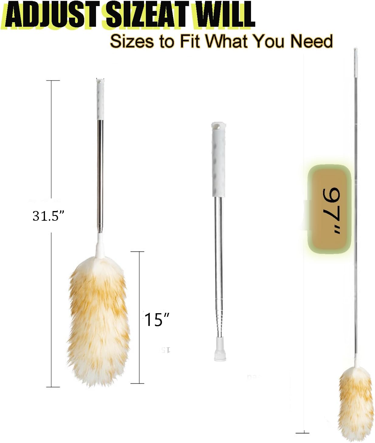 Lambswool Feather Duster with Extension Pole up to 57.5inch,Extendable Feather Duster Used for Cleaning High Ceiling Fan, High Ceilings,Furniture,Hard to Reach Areas