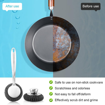 5Pcs Stainless Steel Wool Scrubber Sets, with Long & Short Handle & 3Pcs Detachable Pads, Metal Pot Scrubbers for Cleaning Dishes Iron Pots Stoves