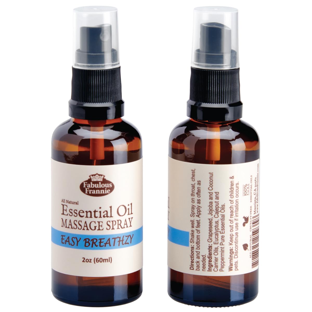 Fabulous Frannie Bug Away Healthy Massage Spritz Made with Carrier Oils and Citronella, Lavender, Eucalyptus and Lemongrass Essential Oils 2oz