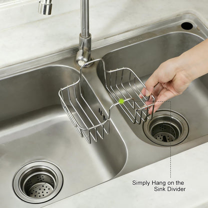 LANMU Stainless Steel Sponge Holder for Kitchen Sink, Movable Sink Caddy Hanging Sponge for Double Bowl Sink, Rustproof Organizer for Brush, Scrubber Storage, Fits 2-inch Width Sink Divider
