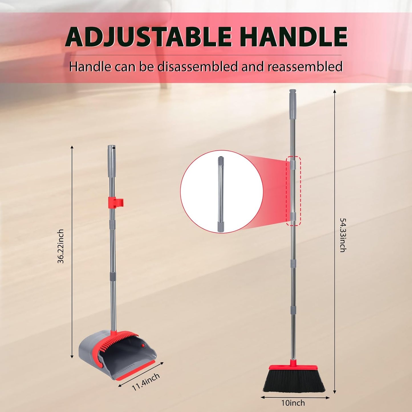 YZO Broom and Dustpan Set, 54.33 Inch Long Handle Standing Design, Dustpan Front Rubber Tight Seal, Broom with 5 Layer Bristles, Suitable for Living Room, Bedroom, Yard, Office and Apartment(Green)