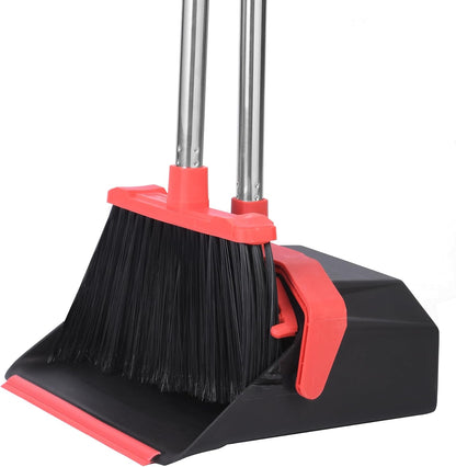Tiumso 3-Pack Upright Broom with Dustpan Combo Set, Commercial Broom and Dustpan Set, Industrial Brooms and Dust Pan with Long Handle for Restaurant Kitchen Shop Warehouse Lobby Garage - Black