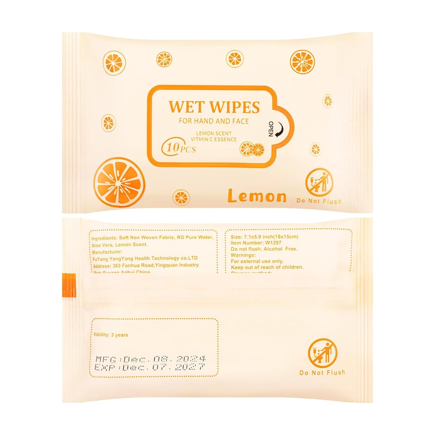 Pack of 10 Face Hand Wipes, 100 wipes, Lemon Travel Wipes Bulk for Butt, Hands, Face Cleaning, Daily Use (10 Wipes Per Pack)