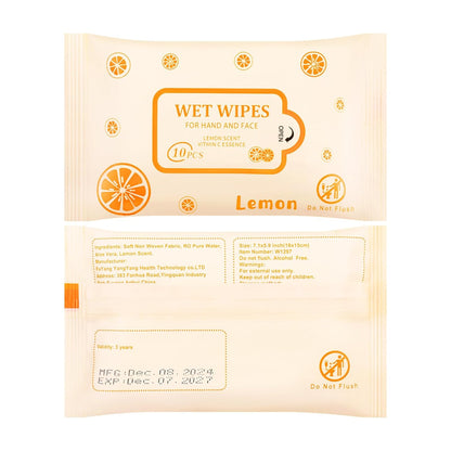 Pack of 10 Face Hand Wipes, 100 wipes, Lemon Travel Wipes Bulk for Butt, Hands, Face Cleaning, Daily Use (10 Wipes Per Pack)