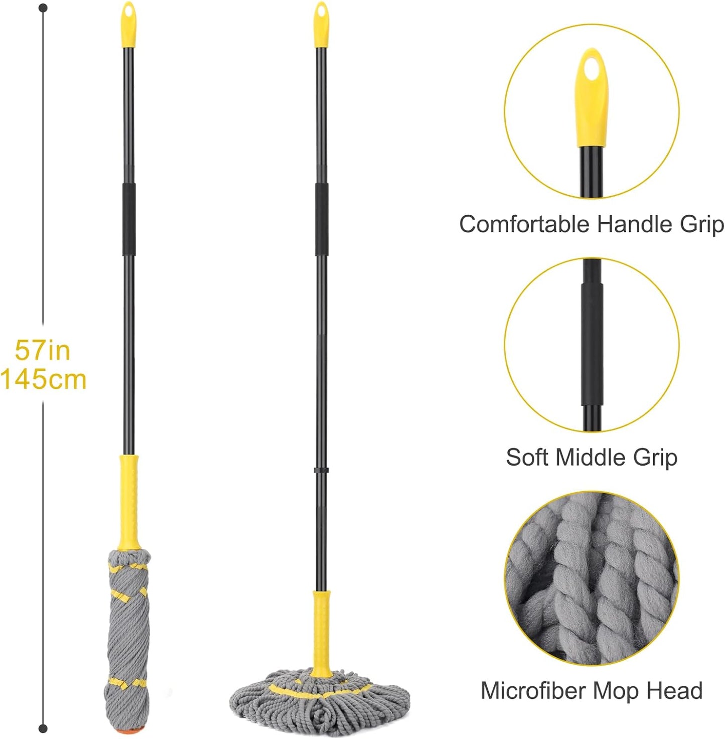 KeFanta Self-Wringing Twist Mop for Floor Cleaning, Long Handled Microfiber Floor Mop with Top Scouring Pad for Kitchen, Hardwood, Restaurant, Bathroom, Garages, Warehouses, Office,57-inch