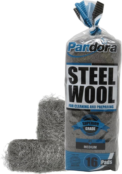 Pandora Steel Wool #2 – Coarse Grade, 16 Pads for Cleaning and Removing - Quality Metal Strands - Ideal to Remove Floor Scuff Marks and Old Wax