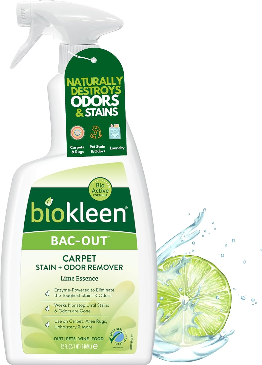 Biokleen Bac-Out Enzyme Cleaner and Stain & Odor Remover for Pet Stains, Laundry, Diapers, Wine, Carpets, & More, Eco-Friendly, Non-Toxic, Lime Scent, 128 Ounces