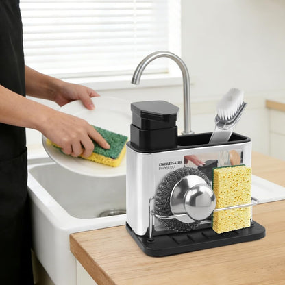 Soap Dispenser for Kitchen & Bathroom Sink, 3 in 1 Dish Soap Dispenser with Sponge Holder Dish Brush & Brush Holder, Stainless Steel Sink Caddy Organizer Kitchen Soap Dispenser Set Countertop