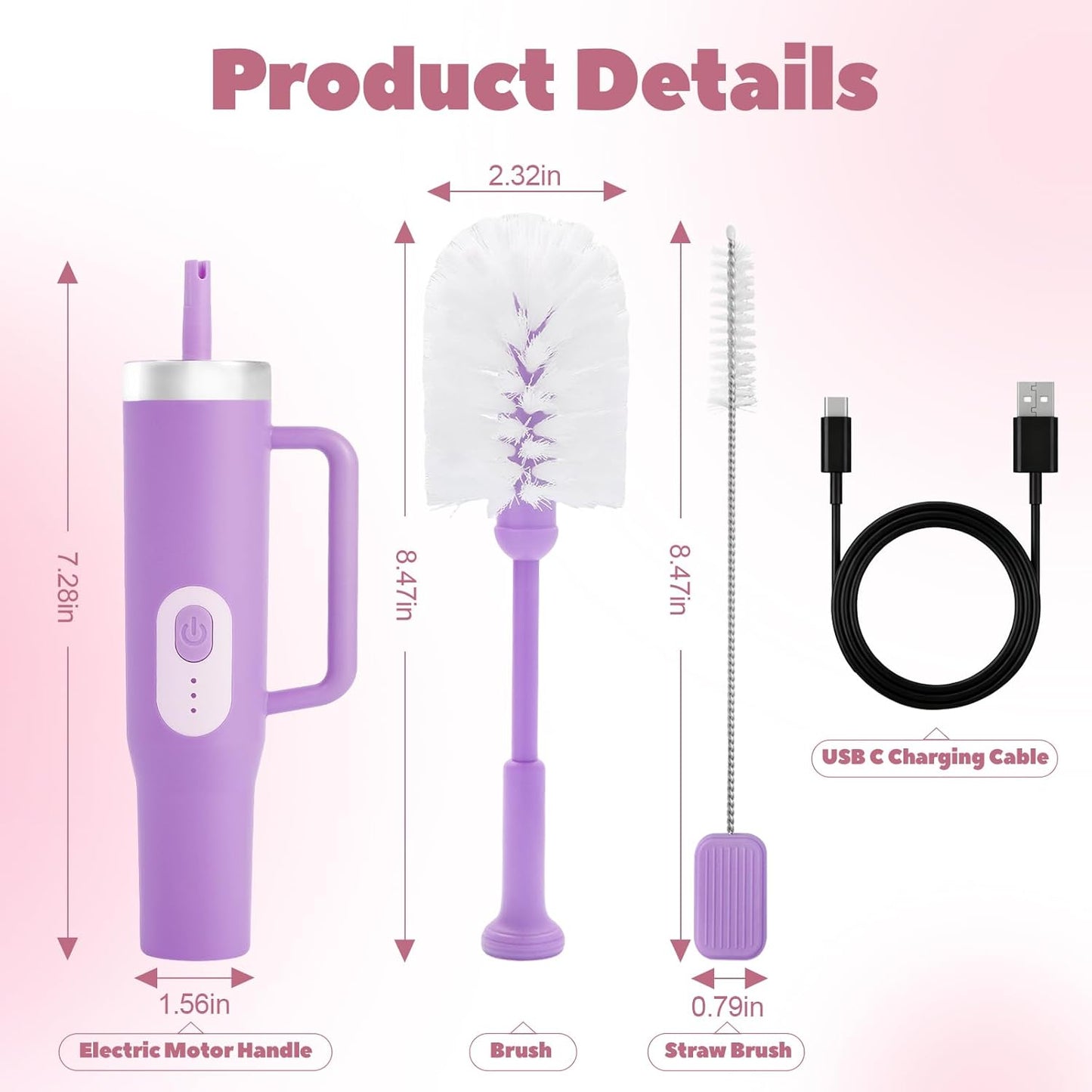 Rechargeable Electric Bottle & Cup Brush, 360° Thorough Cleaning Without Blind Spots, Suitable for Baby Bottles, 40-Ounce Mugs, Straws, Wine Glasses, etc., Easy to Air-Dry and Portable