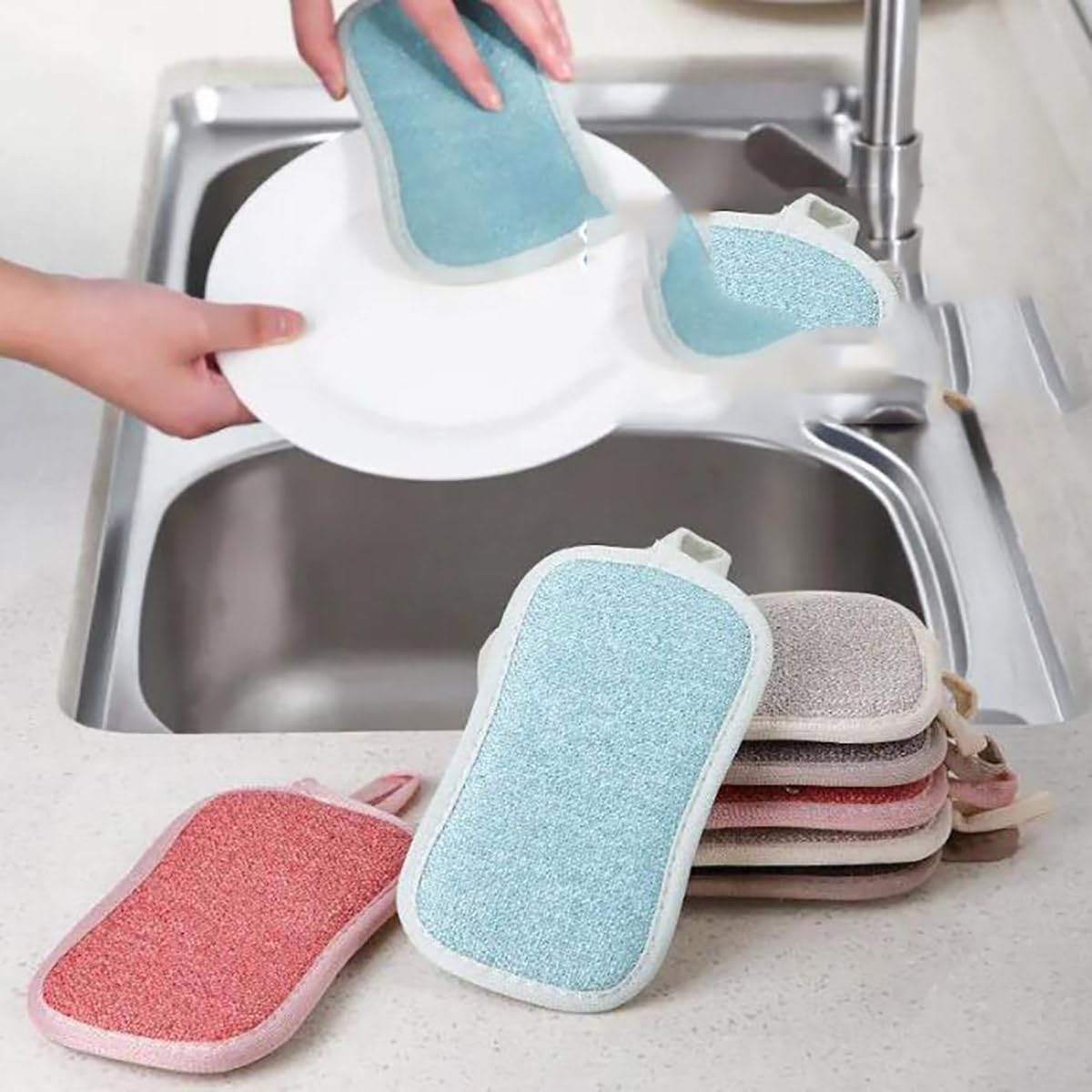 4 PCS Scouring Pad Sponges Kitchen Microfiber Cleaning Sponges Reusable Dish Sponge for Dishes, Pots and Pans