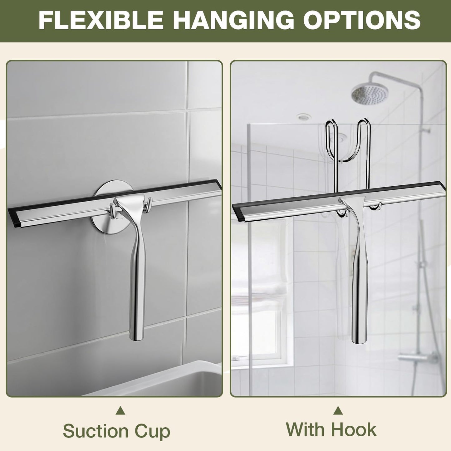 FARMER Shower Squeegee for Glass Doors, 10-Inch Glass Squeegee for Windows, Car Glass and Mirrors, Multi-Purpose Stainless Steel Squeegee with Suction Wall Hook and Over Door Hook, Silver