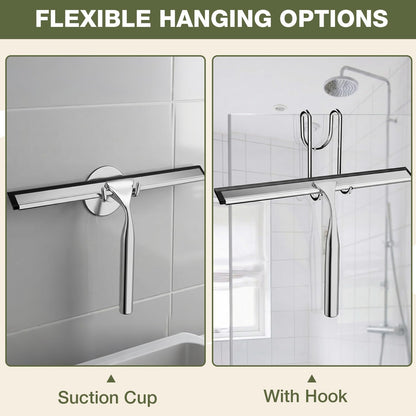 FARMER Shower Squeegee for Glass Doors, 10-Inch Glass Squeegee for Windows, Car Glass and Mirrors, Multi-Purpose Stainless Steel Squeegee with Suction Wall Hook and Over Door Hook, Silver