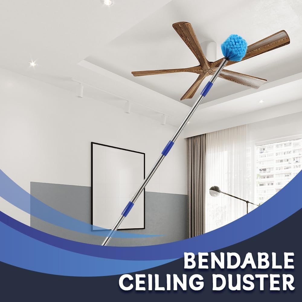 Extended Reach Cobweb Duster with 8-Foot Pole - Medium Bristle Brush for Ceiling, Wall, and Indoor/Outdoor Cleaning, Lightweight Stainless Steel (10FT)