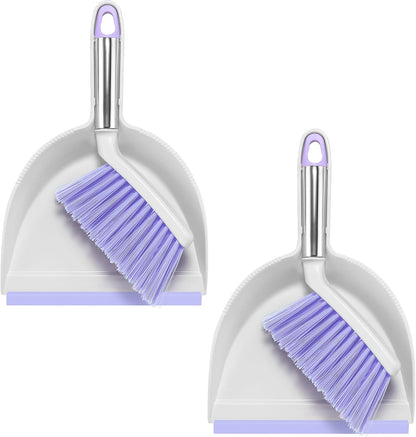 NACENA Mini Broom and Dustpan Set, Small Dust Pan and Brush Set with Handle Dustpan Teeth for Cleaning Hair Suitable for Office Desks Drawers Sofas Outdoor Camping, Light & Purple