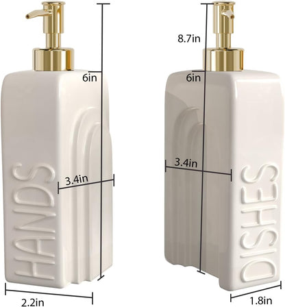 Soap Dispenser Set with Stainless Steel Pump, 2 Pack Ceramic Refillable Dish Soap and Hand Soap Dispenser for Kitchen, Bathroom, Matte White
