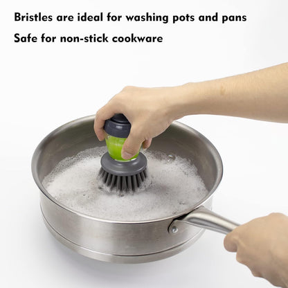 DAPOWER Dish Brush with Soap Dispenser, Kitchen Scrub Brush for Dishes Pots Pans Sink Cleaning, Dish Scrubber with Holder Set (Grey 2-Pack Combo Set)
