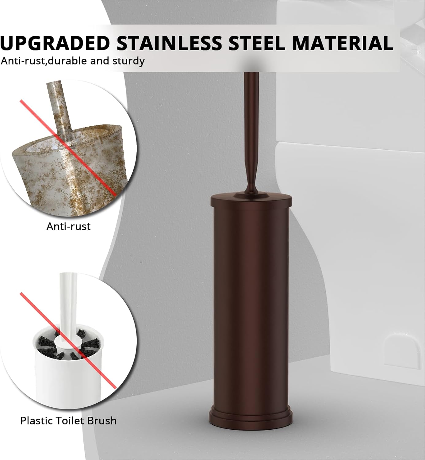 Premium 304 Stainless Steel Toilet Brush and Holder: Weighted Stable Base, Removable Inner Tube, Splash-Proof Design for 360° Thorough Cleaning & Space-Saving Storage,Nickel