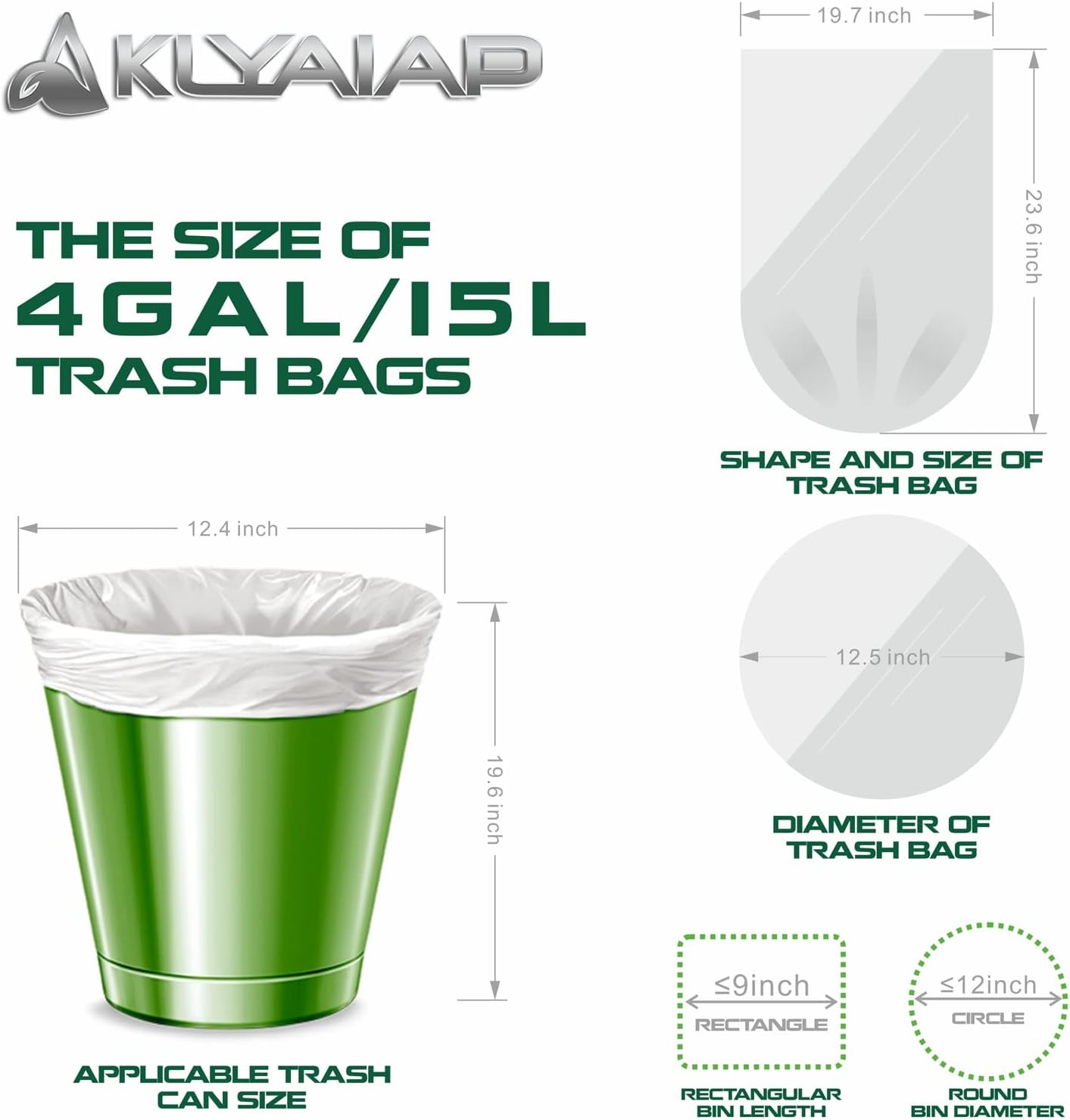 220 Counts Aklyaiap 4 Gallon Trash Bag,Tear & Leak Resistant Bathroom Biodegradable Small Garbage Can Bags Unscented for Home & Kitchen, 5Rolls, White