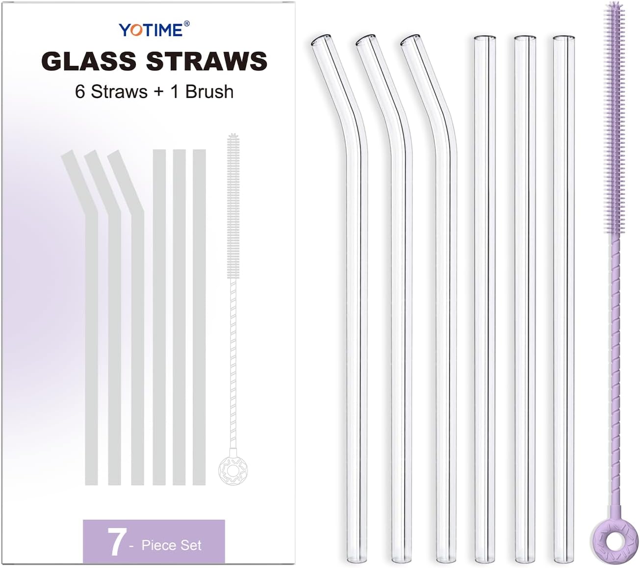 YOTIME 6-Pack Reusable Glass Straws Set, 8.5''x10MM, Set of 3 Straight and 3 Bent with 1 Silicone Cleaning Brush, Perfect for Smoothies, Juice, Milkshake and Coffee (Clear Straws, Pink Brush)