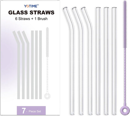 YOTIME 6-Pack Reusable Glass Straws Set, 8.5''x10MM, Set of 3 Straight and 3 Bent with 1 Silicone Cleaning Brush, Perfect for Smoothies, Juice, Milkshake and Coffee (Clear Straws, Pink Brush)