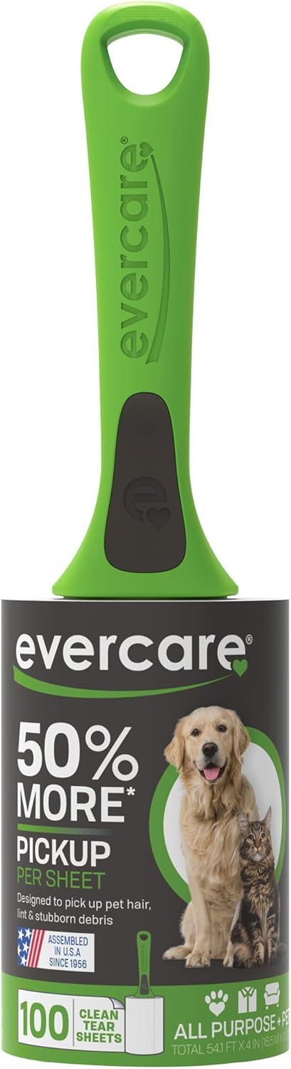 Evercare All Purpose Pet Hair Lint Roller, 100 Sheets – Reusable Sticky Roller for Pet Hair, Cat & Dog Hair Remover, Lint Remover, Pet Hair Remover for Furniture, Clothing & Cars