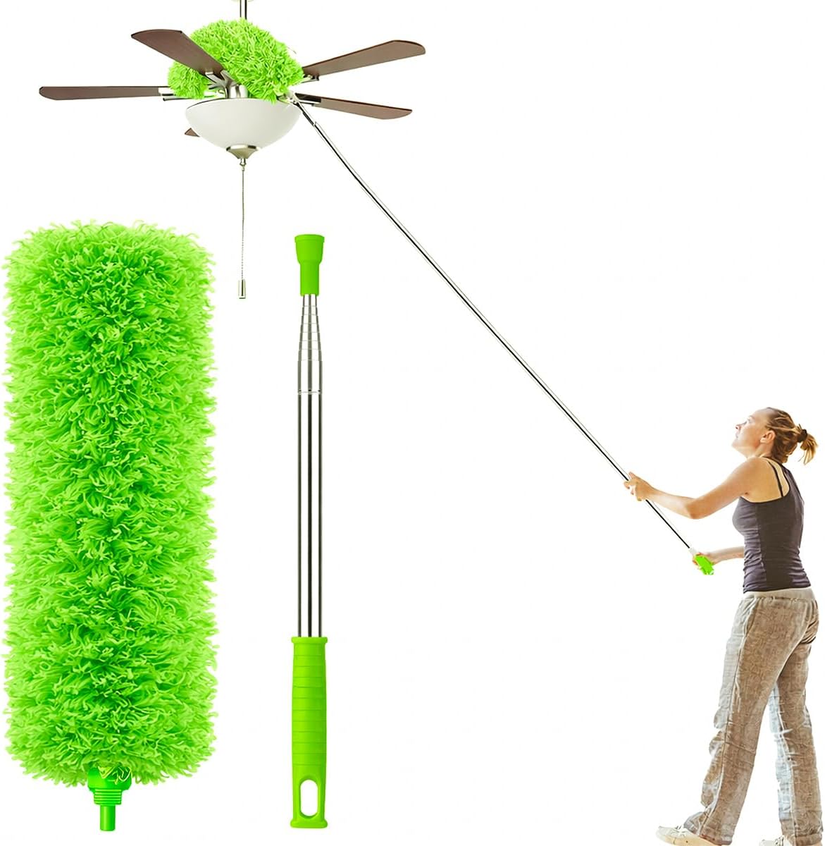 Microfiber Duster with Extension Pole(Stainless Steel) 30 to 100'', with Bendable Head, Extendable Long Duster for Cleaning Ceiling Fan, High Ceiling, Keyboard, Furniture Cars Gray