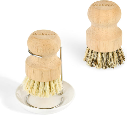 Wooden Dish Brushes, Dish Scrubber Brush for Cleaning Dishes, Natural Sisal + Palm Bristles, Set of 2