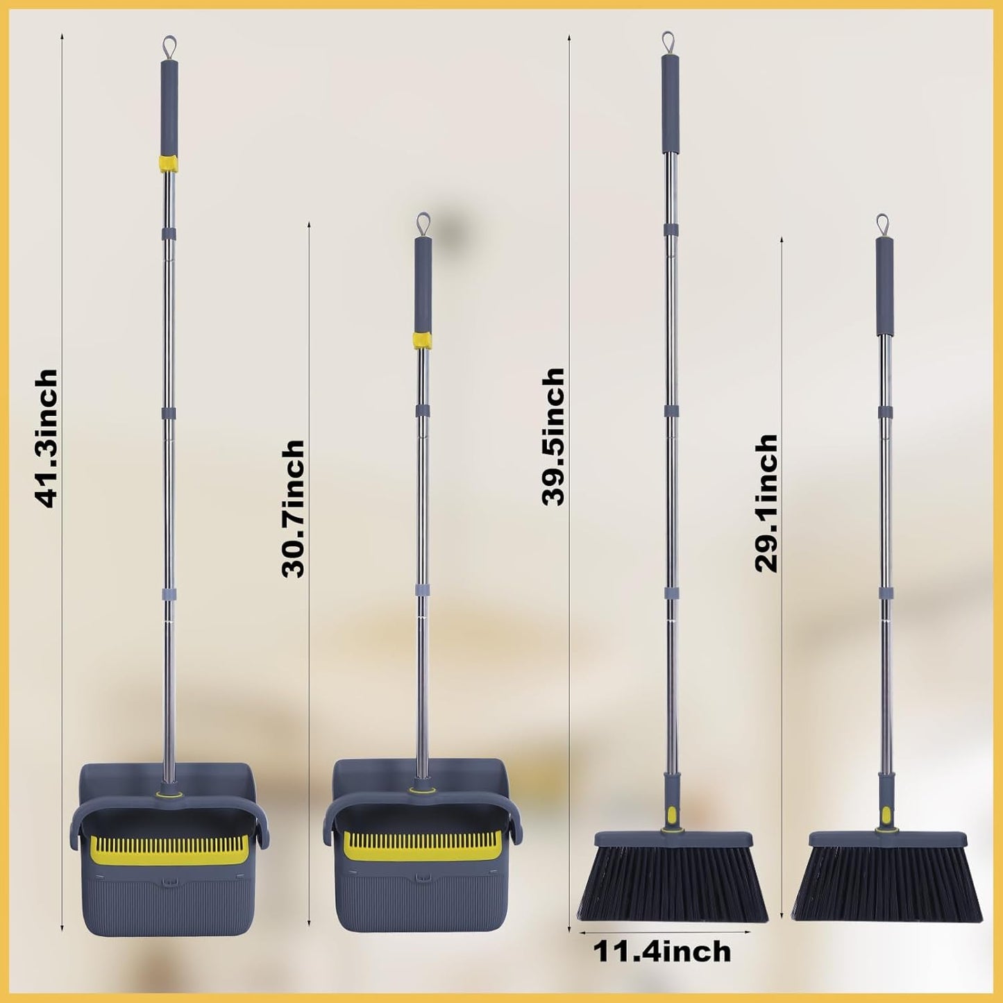 Heavy Duty Broom and Standing Dustpan Combo Set, Rotatable Head Dust Pan and Brush Set with Collapsible Handle, Cleaning Teeth, Hanging Loop, Ideal for Pets, RV, Kitchen, Camping, Outdoor Floor, White
