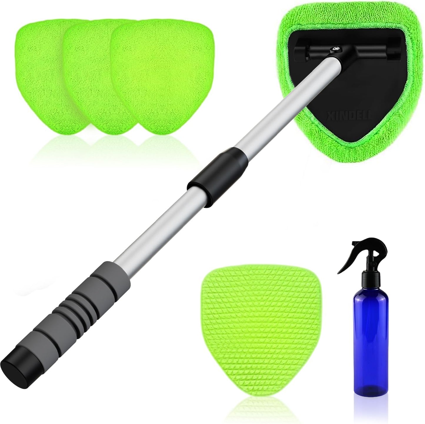 XINDELL Windshield Cleaner Tool – Car Interior Window Cleaning Kit with Extendable Handle & 4 Microfiber Pads, Auto Wiper Inside Windshield Brush for Car & Home Windows