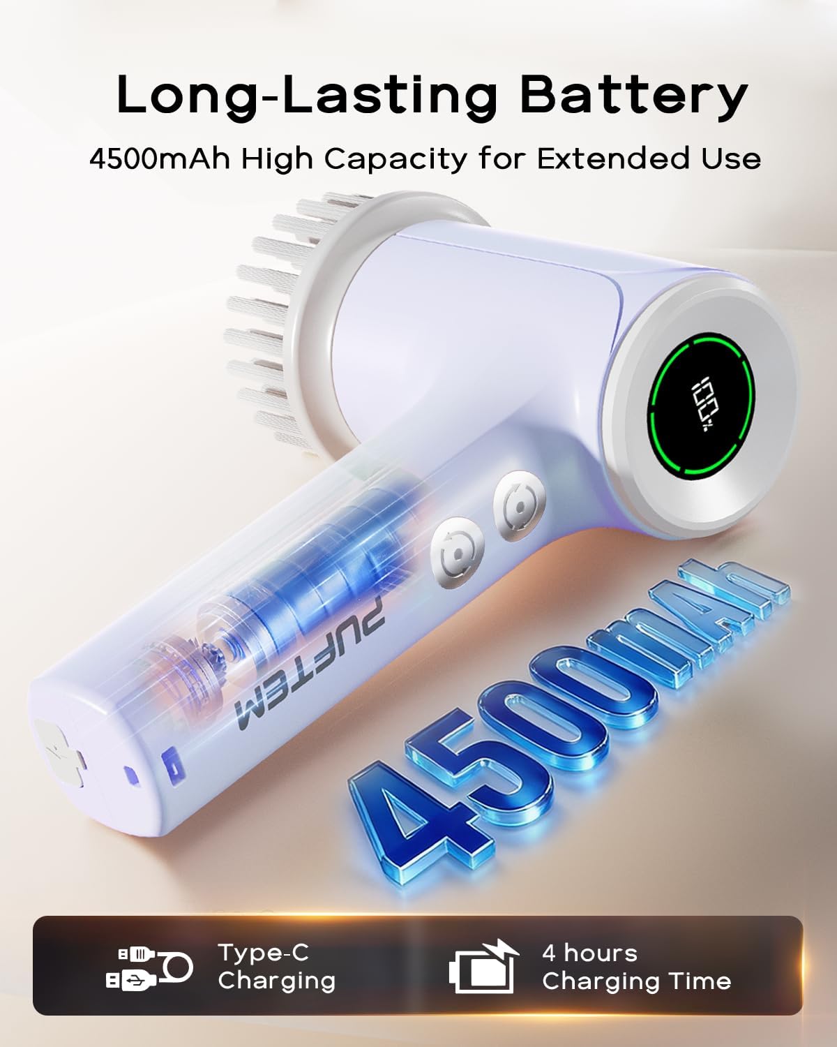 PUFTEM Upgraded Electric Spin Scrubber, Powerful Cordless Shower Scrubber with 4500mAh Large Battery & Speed Display, 6 Replaceable Brush Heads, Cleaning Brush for Bathroom Tile Tub Floor (White)