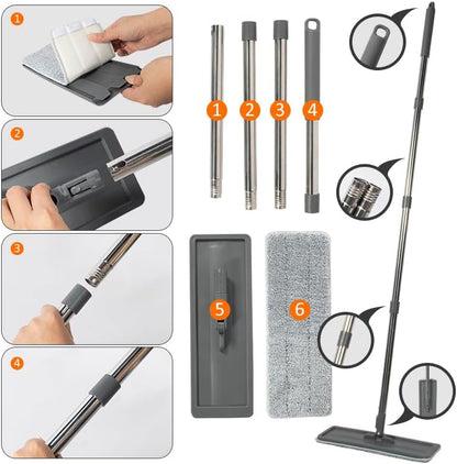 360° Microfiber Flat Mop with Hands-Free Self-Cleaning Bucket, Wash & Dry Dual Chamber System, Adjustable Handle, Includes 2 Microfiber Mop Pads, Wet & Dry Floor Cleaning - (LV-F02)