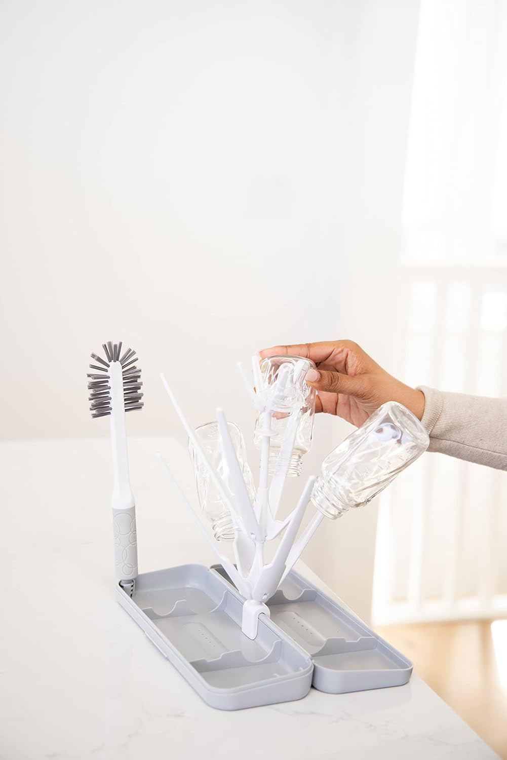 Ubbi On-the-Go Drying Rack and Brush Set, Includes Travel Case and Bottle Brush for Compact Storage, Holds Up To 8 Bottles, Baby Travel Accessories, Gray