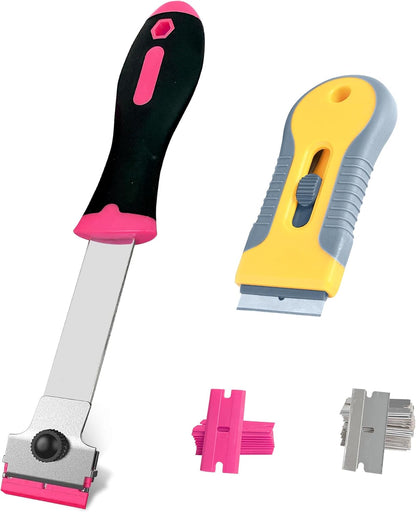 2 Pack Razor Blade Scraper with 10 Plastic and 20 Metal Blades for Removing Paint, Registration Sticker, Grease from Windshield, Glass Top Stove Cooktop Scraper