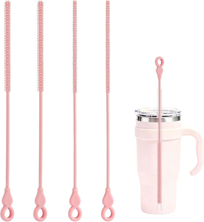 Silicone Straw Cleaner Brush, 4-Piece Reusable Straw Brush Set with Extra-Long Design for Cleaning Thin Metal Straws and Wider Milkshake Straws （6mm+9mm Pink)