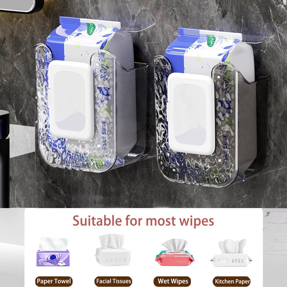 Bathroom Wipes Holder, 2PCS Wall-Mounted Wipe Storage Box, Acrylic Wipes Container with Adhesive Mount for Toilet and Bathroom