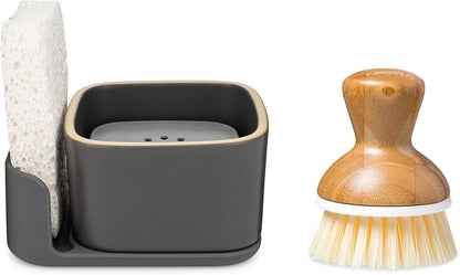 Full Circle Bubble Up Bamboo Dish Brush & Ceramic Soap Dispenser – Family Safe, Formaldehyde-Free – Kitchen Scrub Brush for Dishes, Nonstick & Cast Iron, Gray