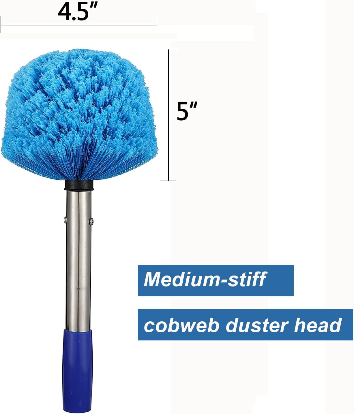 Cobweb Duster with Pole, 4ft Stainless Steel Pole Cobweb Brush with Medium-Stiff Bristles for Walls Beams Shelves Iight Fixtures and Window Screens