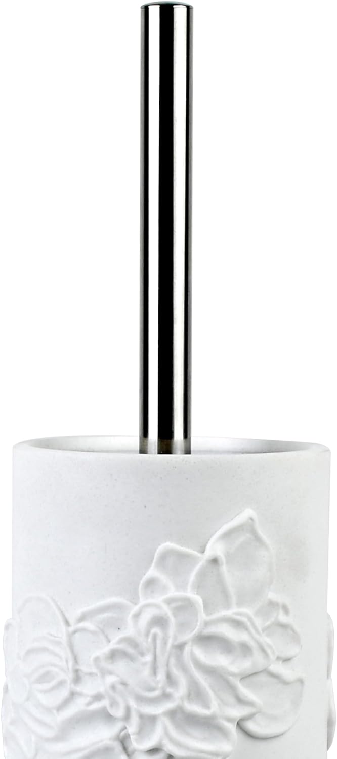 White Floral Branches Design Resin Toilet Bowl Brush and Holder Set, Elegant Bathroom Cleaning Tool with Durable Bristles, Compact and Functional