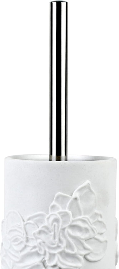 White Floral Branches Design Resin Toilet Bowl Brush and Holder Set, Elegant Bathroom Cleaning Tool with Durable Bristles, Compact and Functional