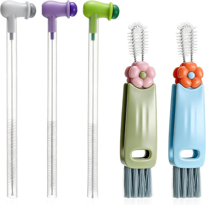 Straw Cleaner Brush Set: 3 Pcs Reusable Pea Long Straw Pipe Cleaner Brushes and 2 Pcs Cup Lid Cleaning Brush for Water Bottles and Tumblers