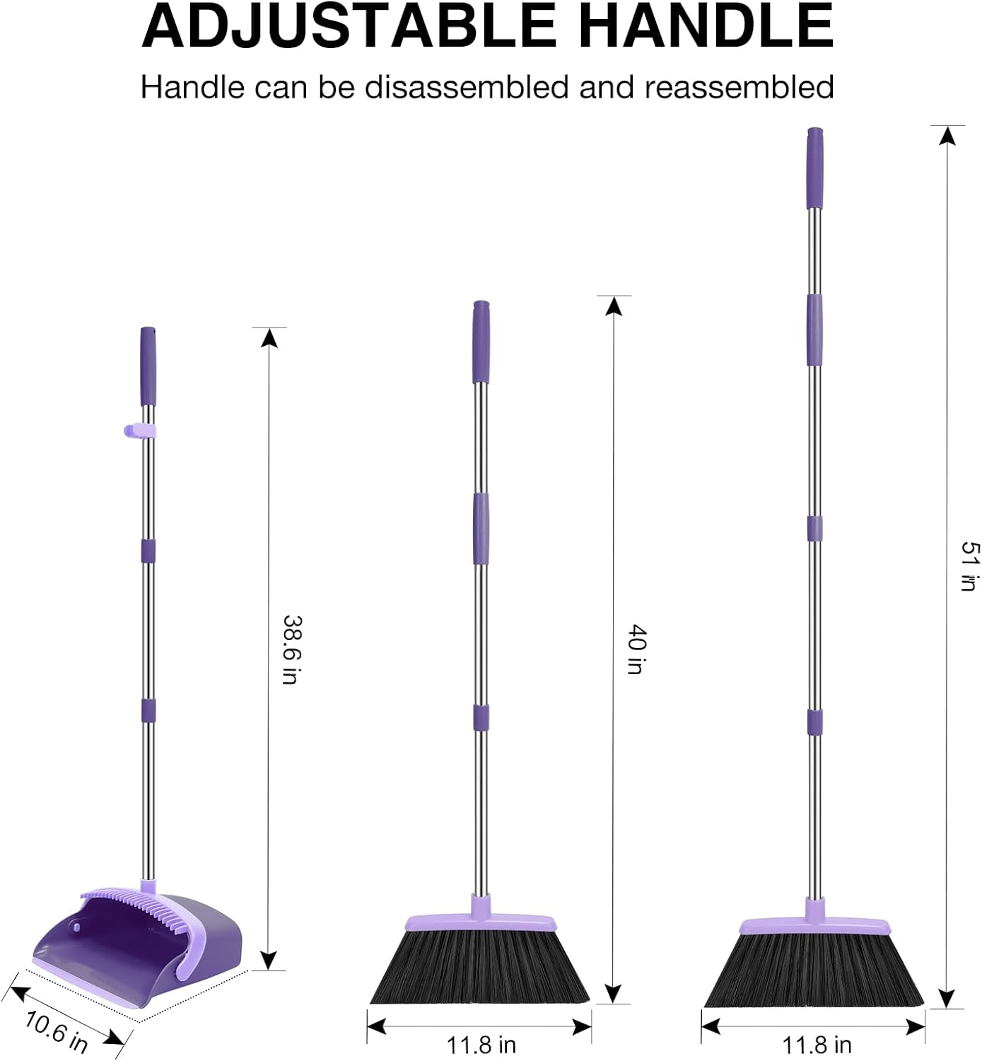 NACENA Broom and Dustpan Set, 52-in Long Adjustable Handle Broom Dustpan Combo with Dust pan Teeth to Automatically Clean Hair Suitable for Home Kitchen Office Hall Floor (Purple), 2 Pack
