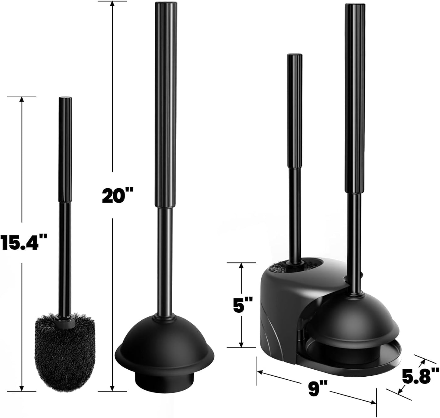 2Pack 2 in 1 Toilet Brush and Plunger Set, Extended Handle Plunger,Toilet Bowl Brush Plunger Set,Bathroom Cleaning Tools,Cleaning Brush,Toilet Brush Plunger Combo(Bright Black)