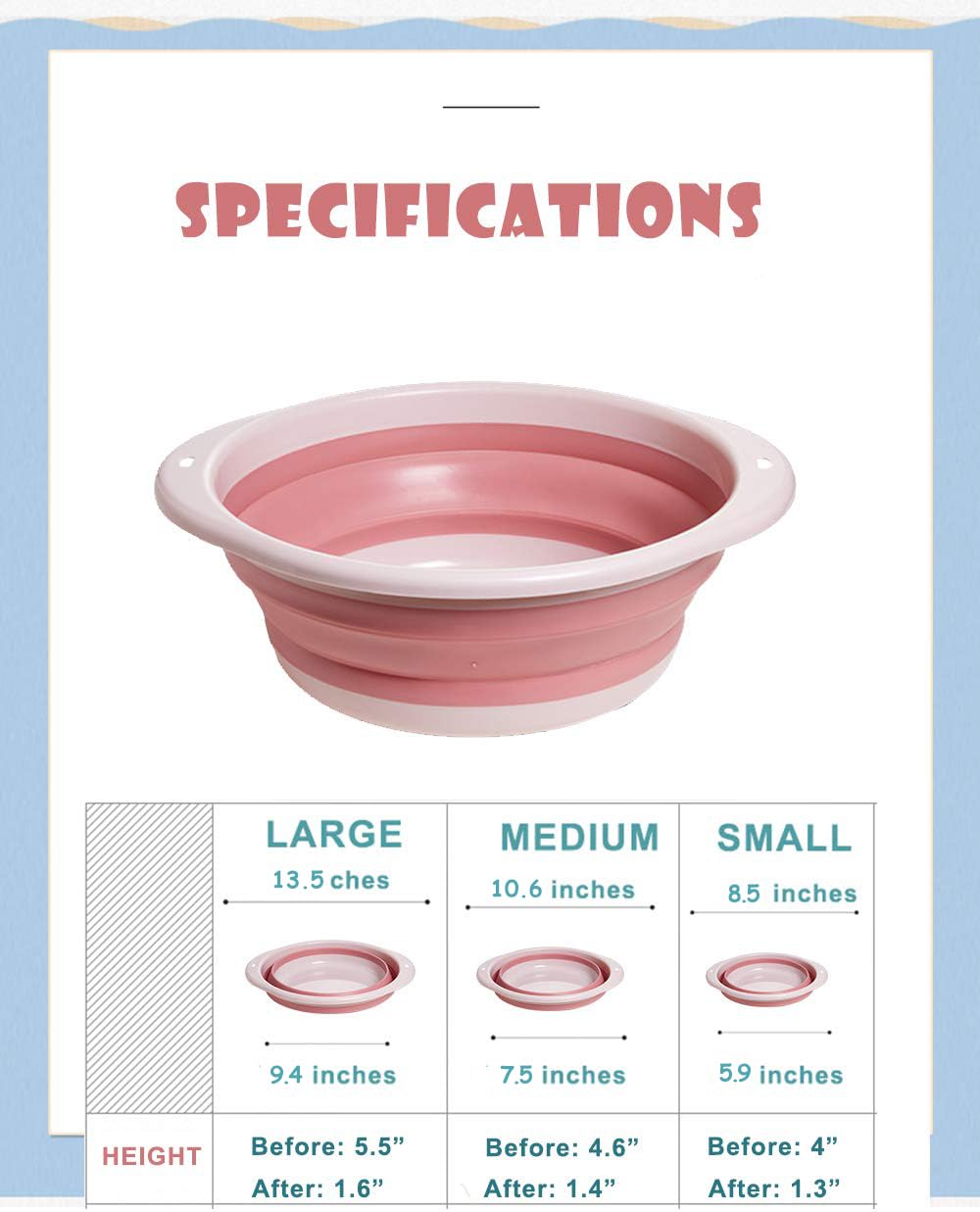 3-Pack Collapsible Wash Basin Set, Baby Kids Wash Basin Dish Tub for Travel Home, 3 Different Sizes Set Space Saving Pink Big Volume