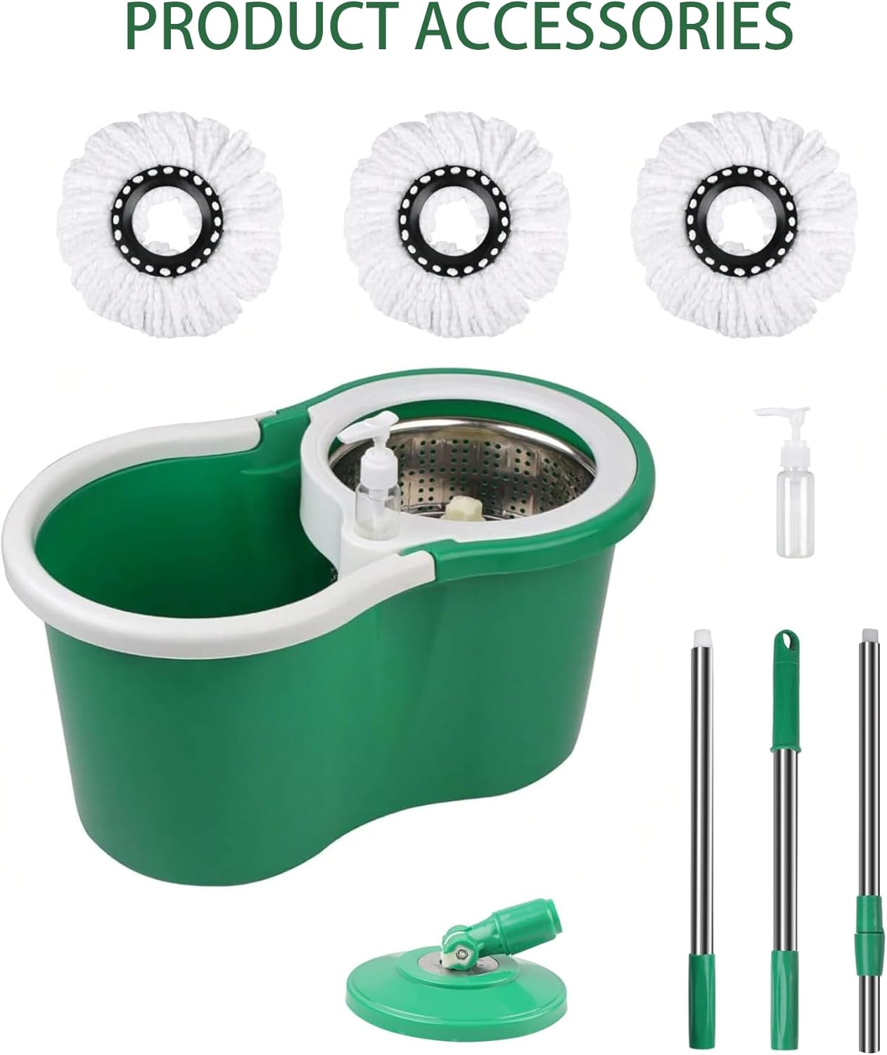 Hand Free Household Mop and Bucket with Wringer Set,Operable 360 ° Rotating Mop Bucket Set with 3 Microfiber Replacement Head and Stainless Steel 56" Extended Handle for Office and Home use(Green)