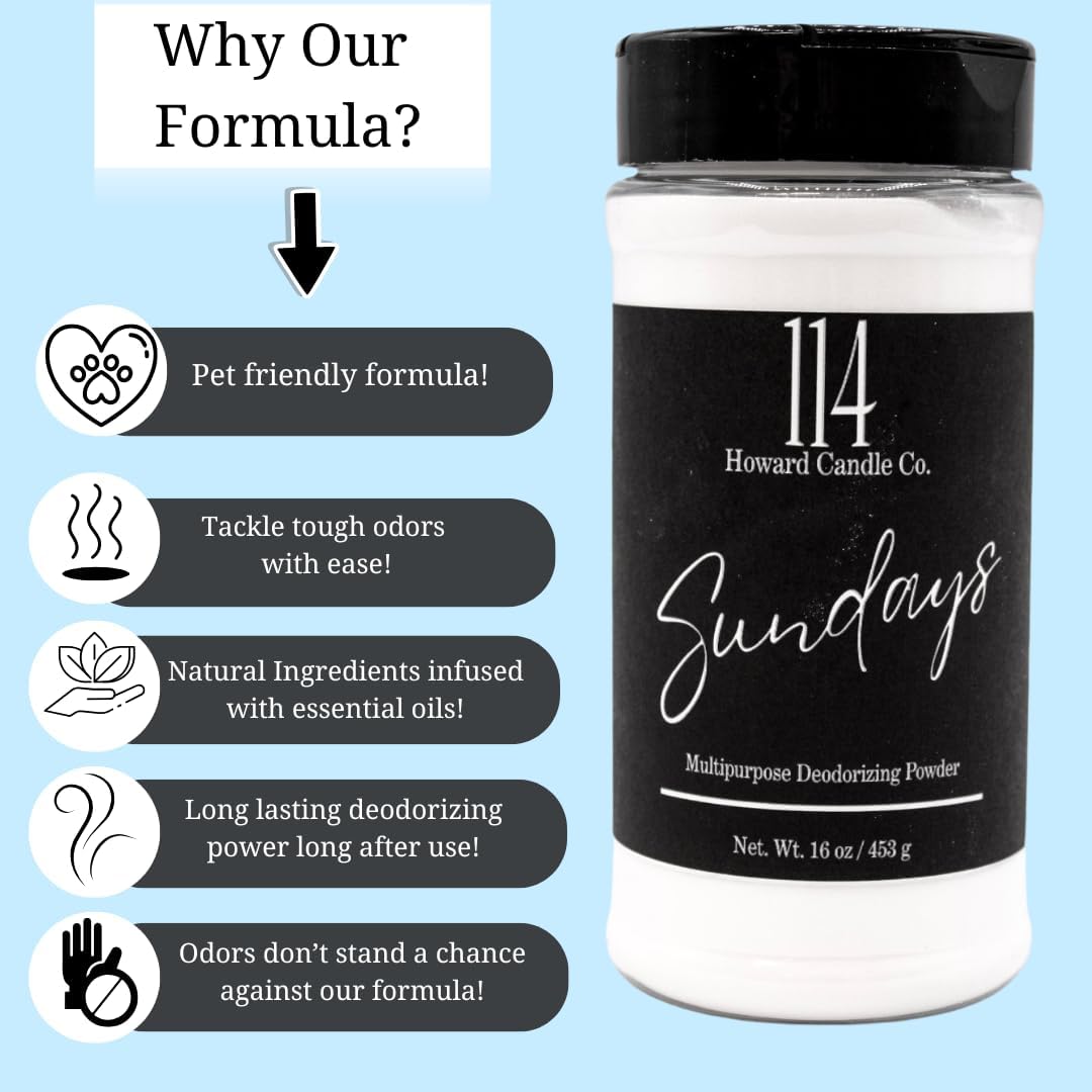 Carpet Deodorizer & Freshener Powder - Upholstery, Couch & Rug Odor Eliminator for Strong Odor & Pet Urine | Baking Soda Formula | Sundays Scent | Safe for Kids & Pets | 1-1-4 Howard Candle Co.