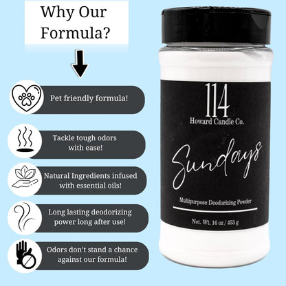 Carpet Deodorizer & Freshener Powder - Upholstery, Couch & Rug Odor Eliminator for Strong Odor & Pet Urine | Baking Soda Formula | Sundays Scent | Safe for Kids & Pets | 1-1-4 Howard Candle Co.