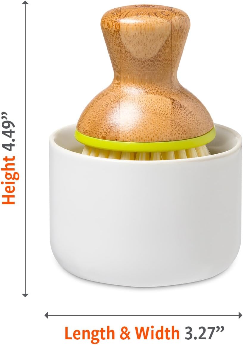 Full Circle Bubble Up Bamboo Dish Brush & Ceramic Soap Dispenser – Family Safe, Formaldehyde-Free – Kitchen Scrub Brush for Dishes, Nonstick & Cast Iron, White