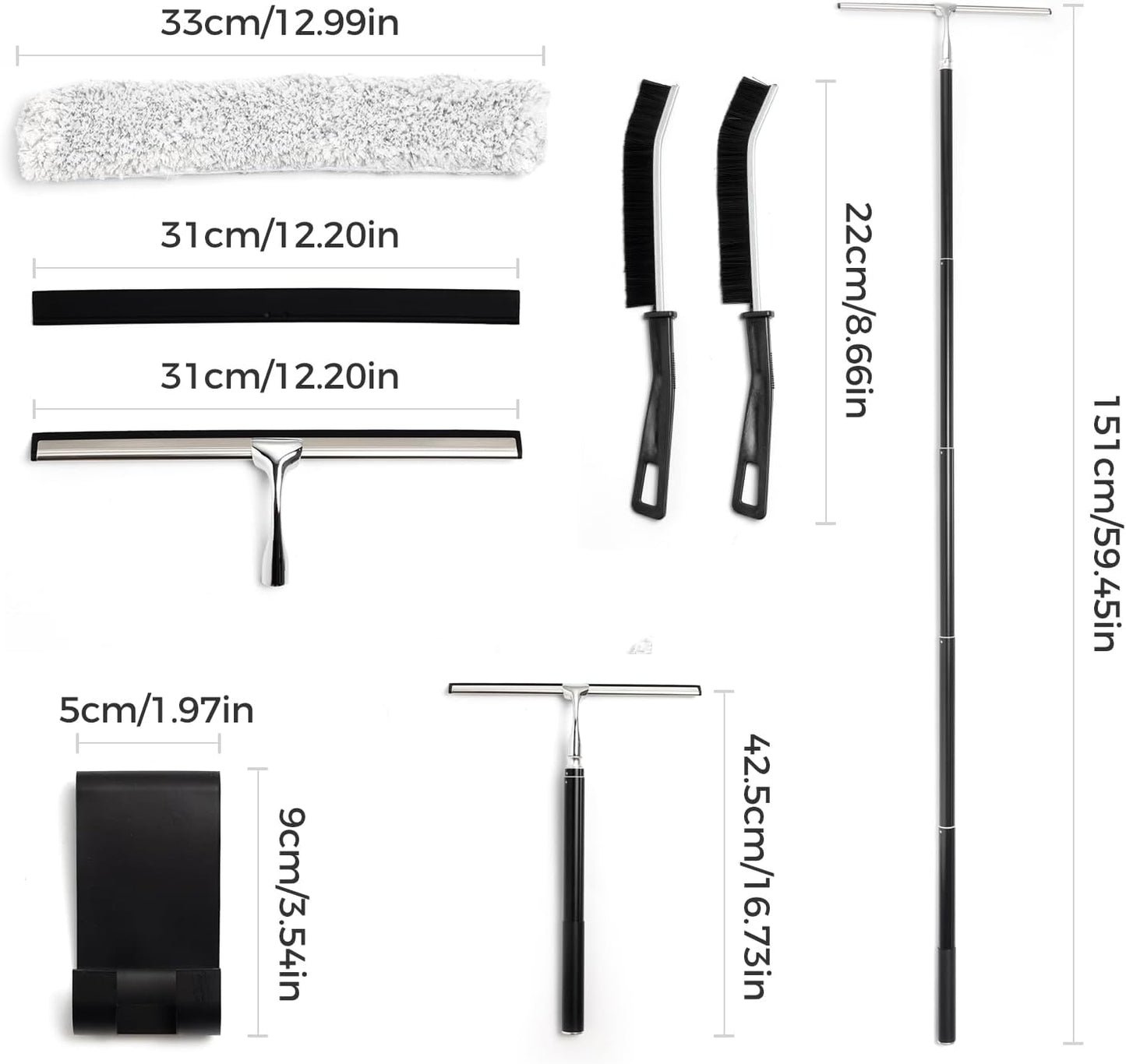16.7“- 59.5" Long Handle Window Squeegee with Extension Pole, 12.4" Wide Metal Shower Squeegee for Glass Doors, 2-in-1 Squeegee for Home Window Cleaning, Tile Wall, Car (Silver)